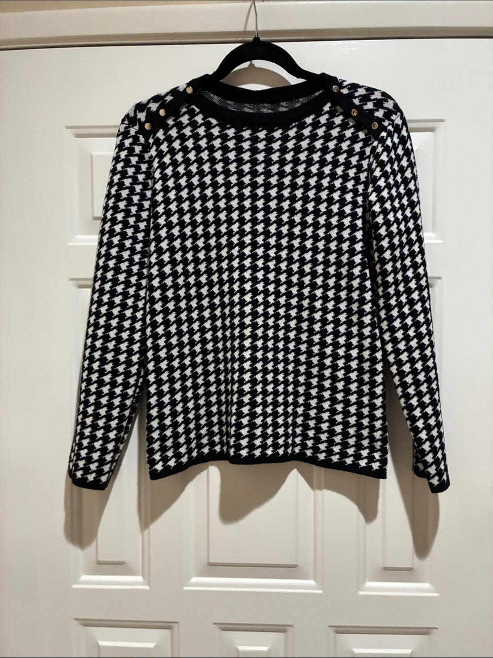 Classic Houndstooth Crewneck Sweater - Black & White with gold hardware